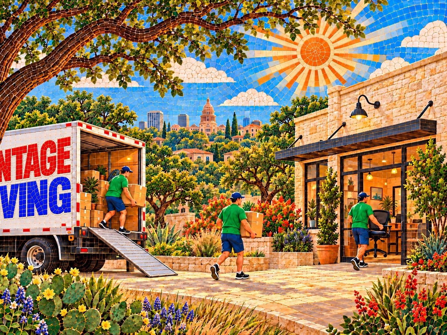 Mosaic illustration of movers unloading at a South Austin business