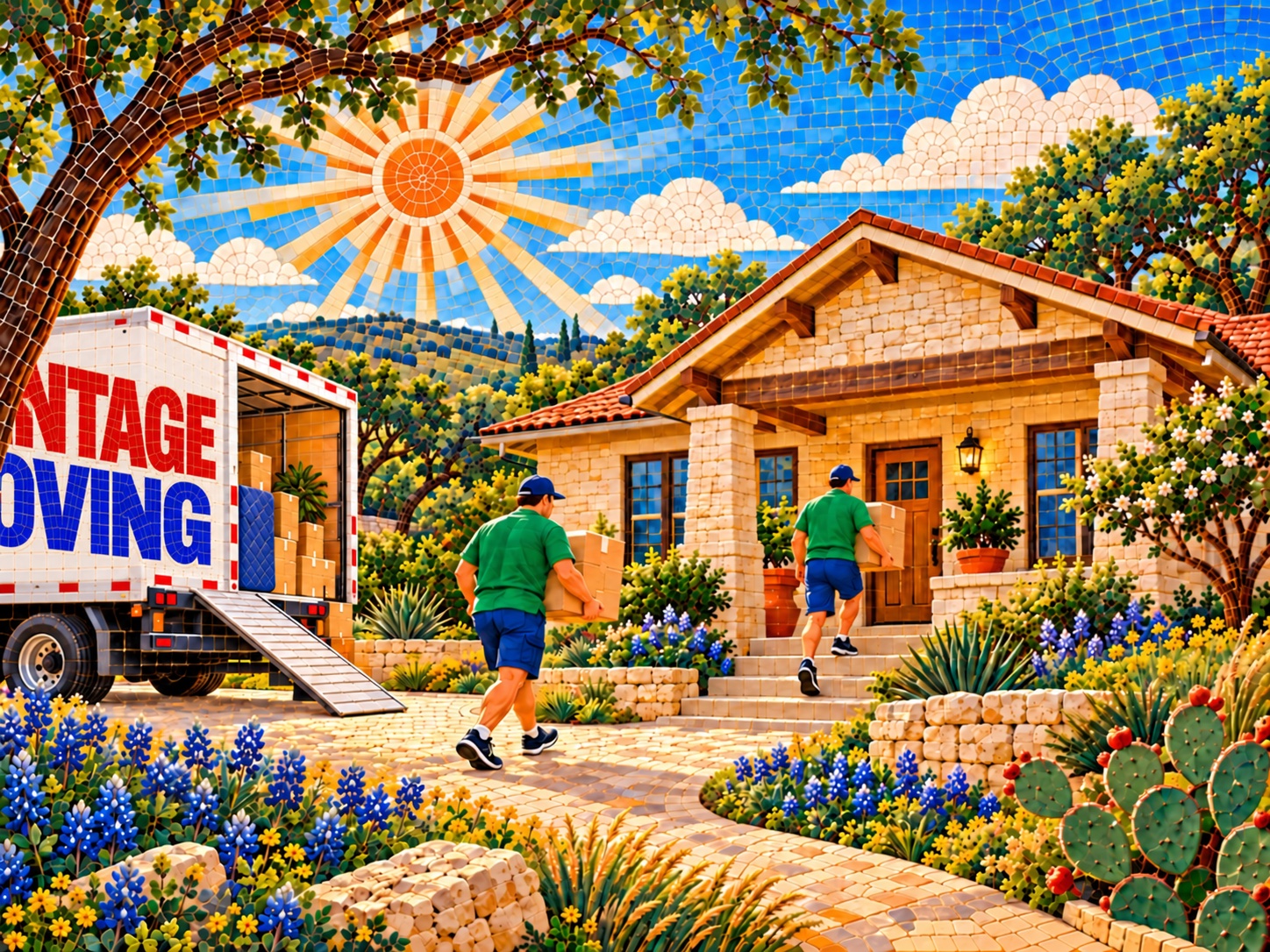 Mosaic illustration of movers carrying boxes into a South Austin home