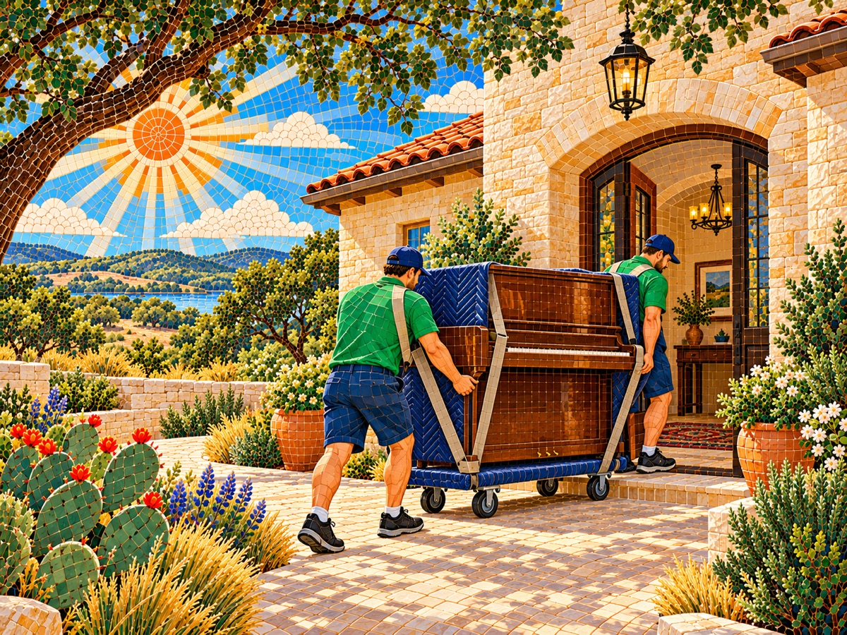 Mosaic illustration of movers transporting a padded upright piano