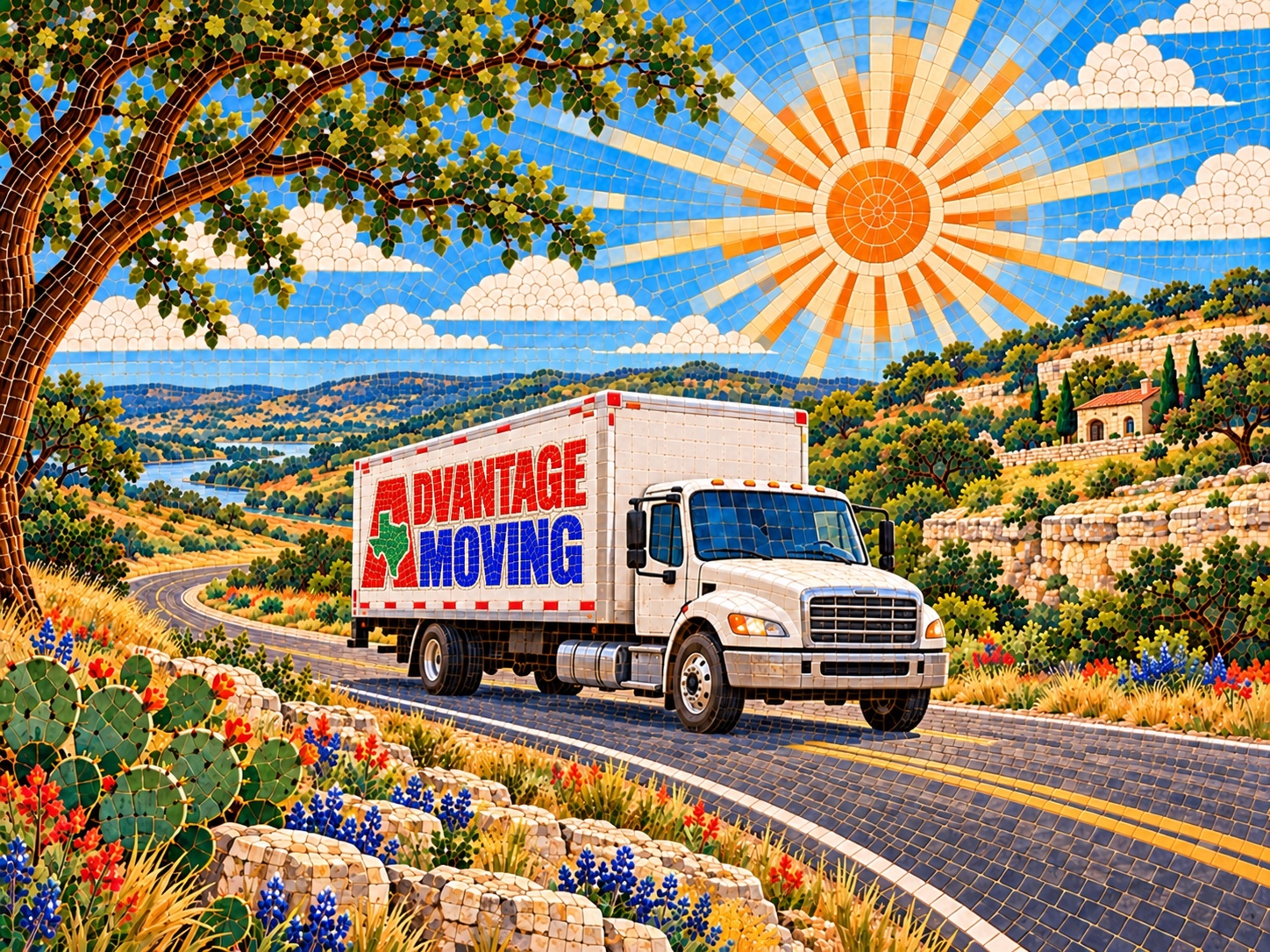 Mosaic illustration of a moving truck on a Texas Hill Country highway